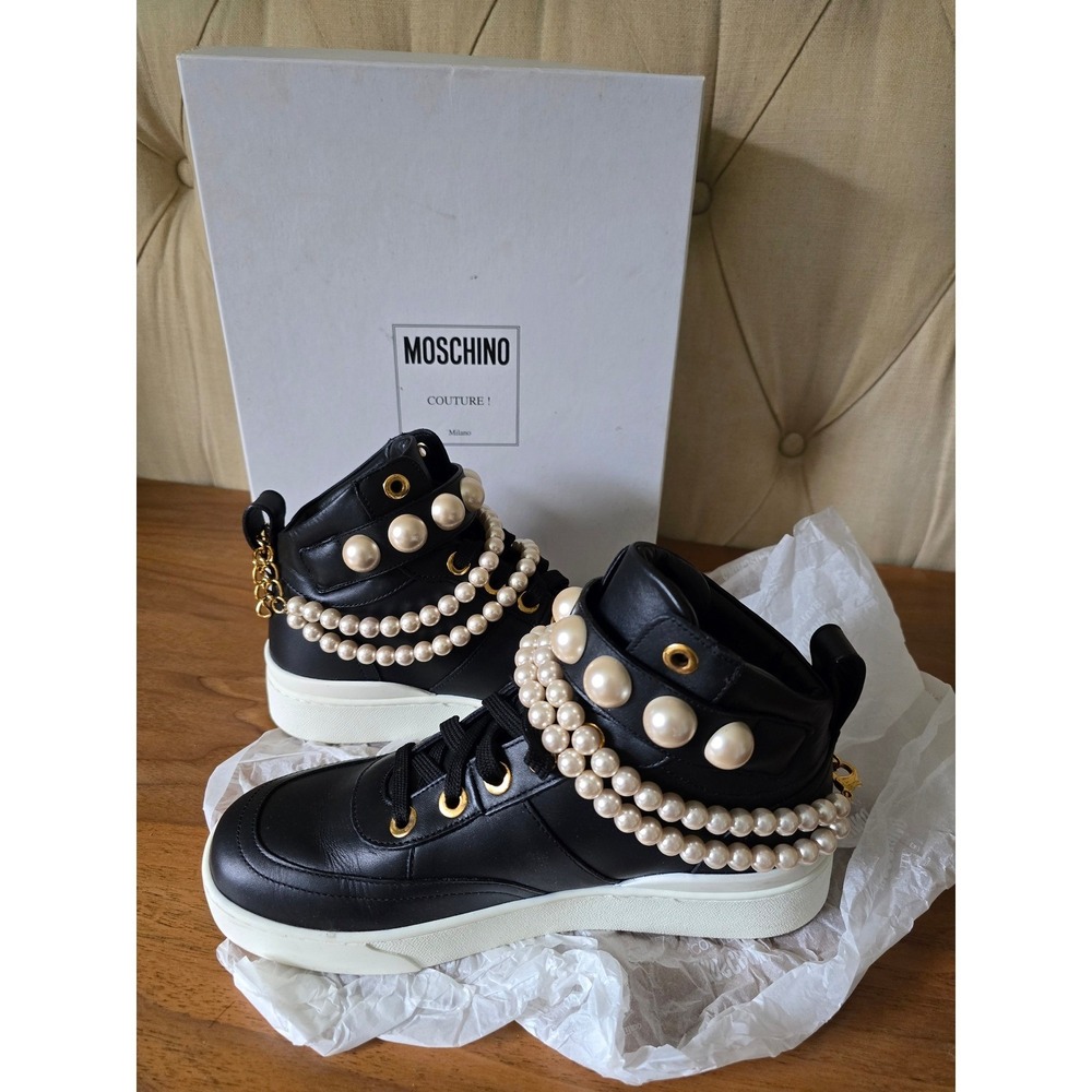 Moschino Couture Pearl Chain Top Sneakers Black Leather Size 38 Made in Italy